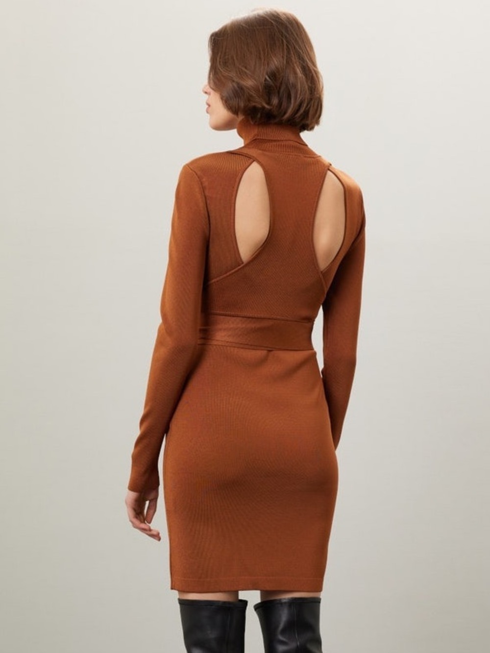 TOCCIN Sofia Racer Mini Cut-out Wrap Knit Dress in Copper Brown Size XS